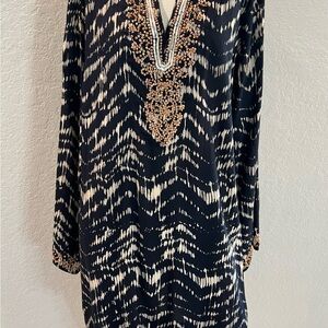 Navy Blur and Cream Patterned Tunic with Silver and Orange Embellishments Sz XL